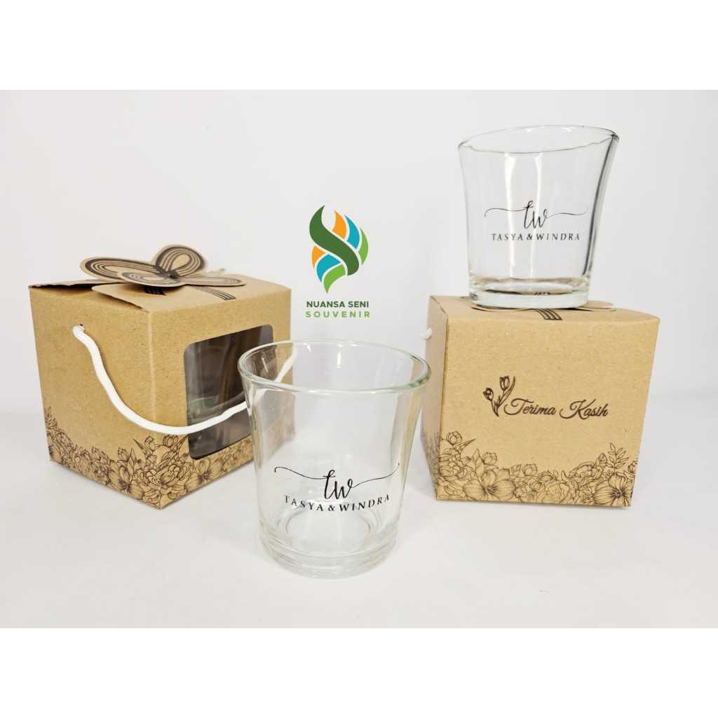 Souvenir Gelas Cangkir Minum Kaca Motif Mini Tumbler Kopi Teh Beling Kecil Mug Sablon Kemas Box