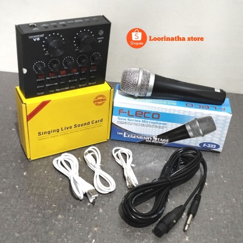 PAKET SOUNDCARD V8 SET FLECO VOKAL MICROPHONE KABEL 3m PAKET SOUNDCARD V8 MURAH