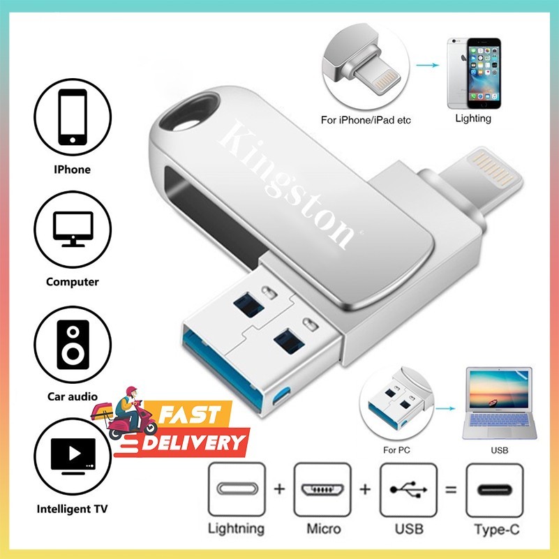 Kingston flashdisk 3 in 1 IOS OTG USB Flash Drive 512GB/1TB/2TB Rotation Pen Drive for iPhone/Android/PC [ISO+Micro+USB]