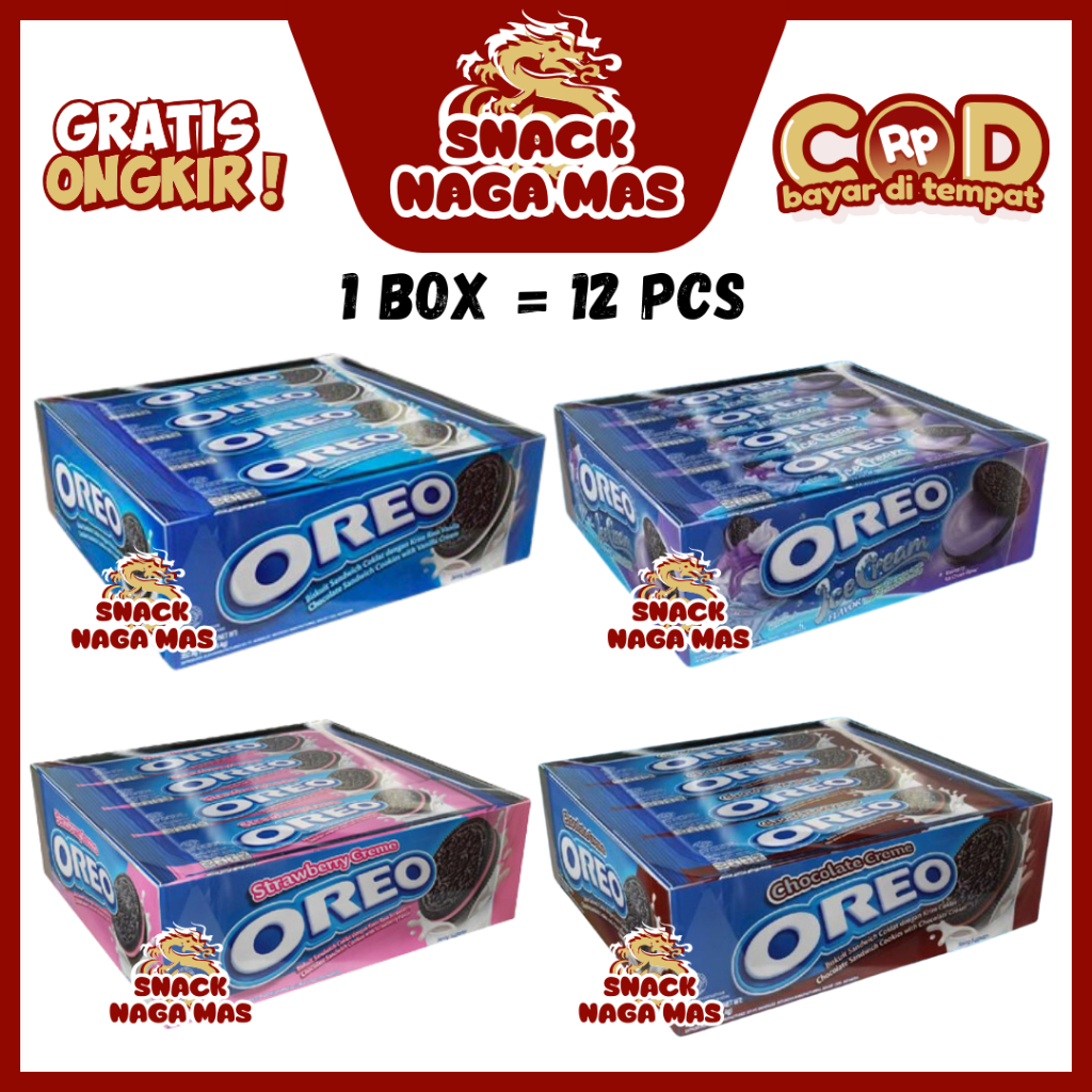 

OREO BISKUIT ISI 3 KEPING RASA VANILA / COKLAT / STRAWBERRY / ICE CREAM BLUEBERRY [1 BOX ISI 12]