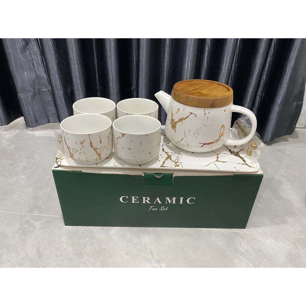 JUAL MURAH KADO PINDAH RUMAH Gelas Set Teko Gelas Marbel / Ketel Cangkir Set Keramik / Pitcher Set K
