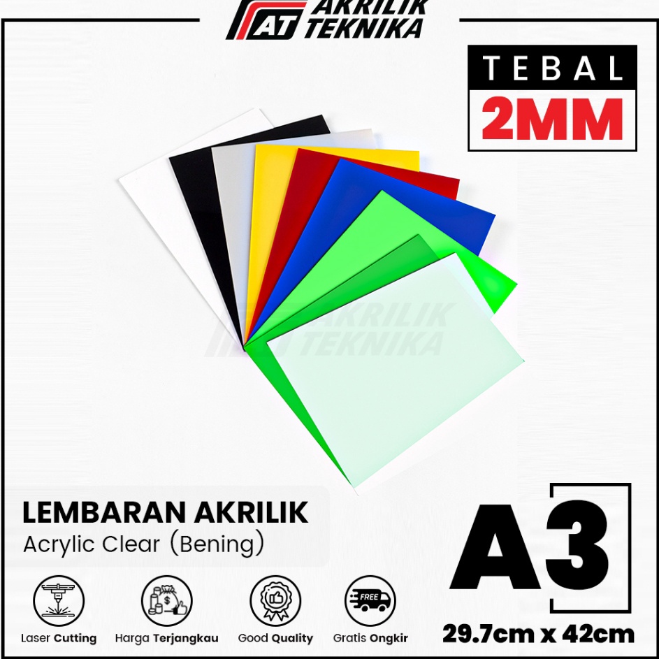 

Top Promo Acrylic Sheet Lembaran Akrilik Clear Bening Hitam Putih Merah Kuning Biru Hijau A3 2mm