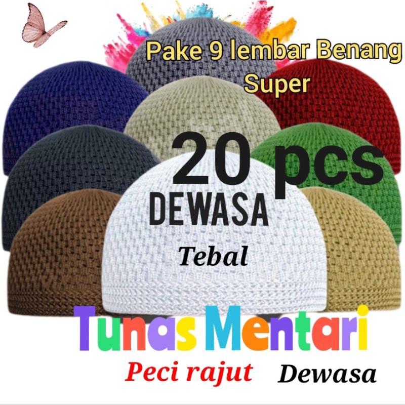 Peci Rajut 20 pcs Tebal Dewasa Pake Benang 9 lembar ( kodian isi 20 pcs ) PECI MADUN/PECI SAUDI/PECI
