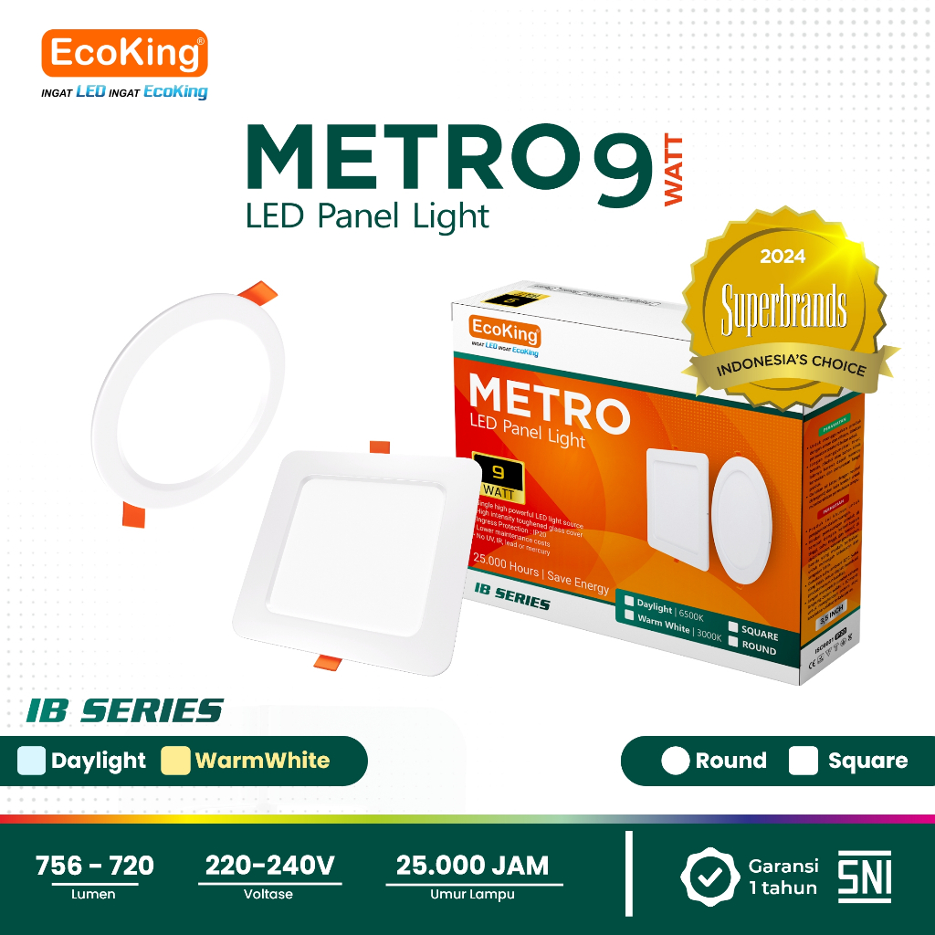 EcoKing LED Metro Panel Light Downlight Lampu Plafon Rumah 9W 4 Inch Square / Round Cahaya Putih / K