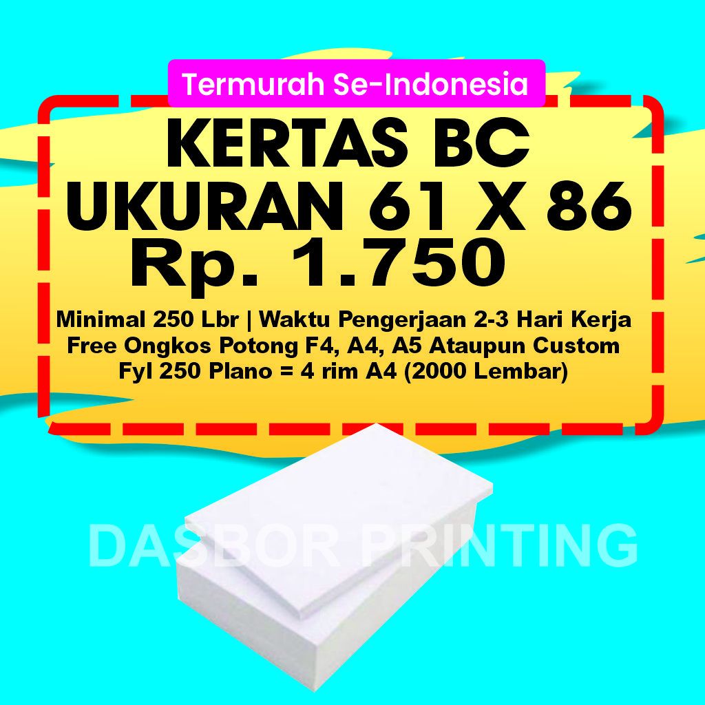

Kertas BC / Brief Card 150 Gsm Uk Plano 61Cm x 86Cm Free Potng - Putih