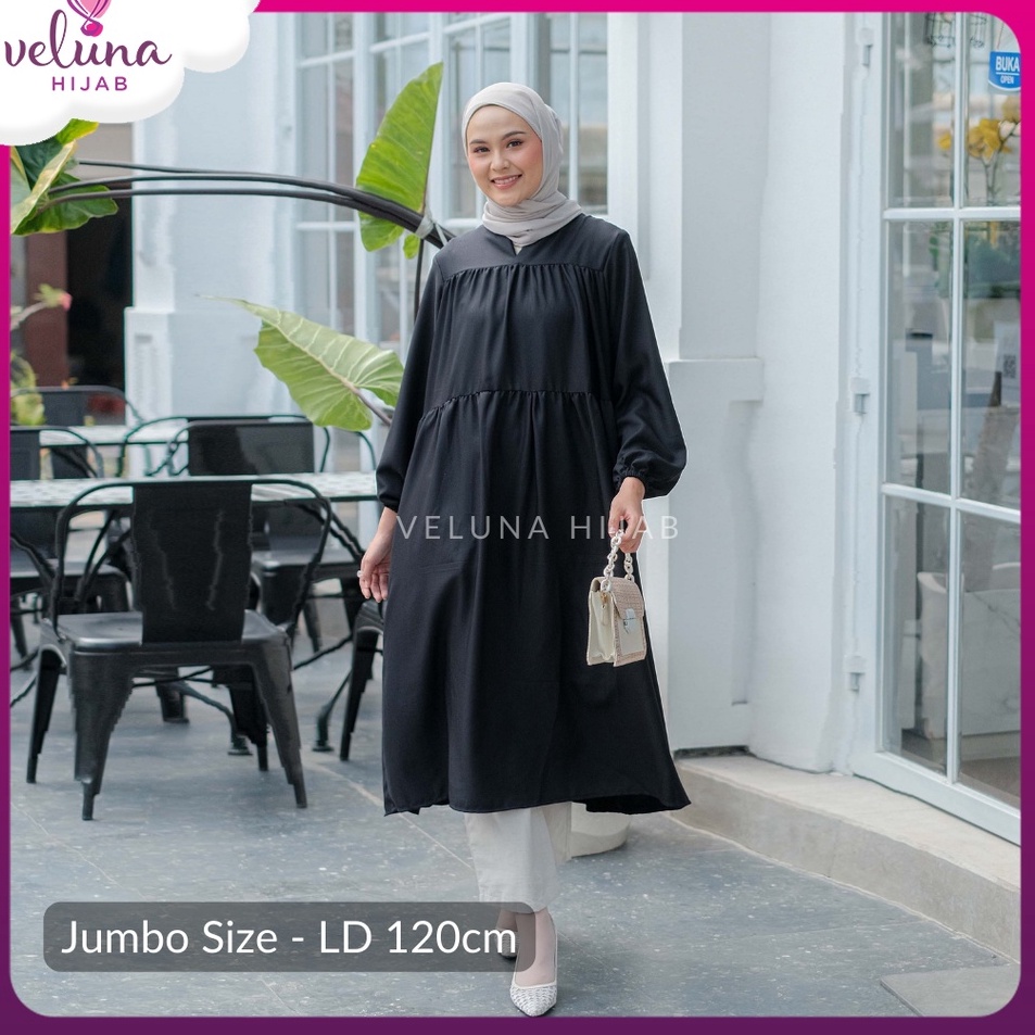 Paling Murah  Veluna  Rava Jumbo Tunik  VM1799  Midi Dress Polos Ukuran Jumbo Ada Saku Samping