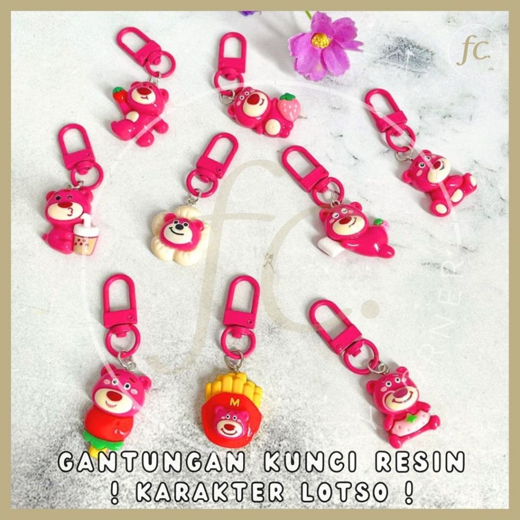 Gantungan Kunci Mini Resin Keychain Karakter Mini Boneka Beruang Pink Ungu Toy Story Lotso Purple Pi