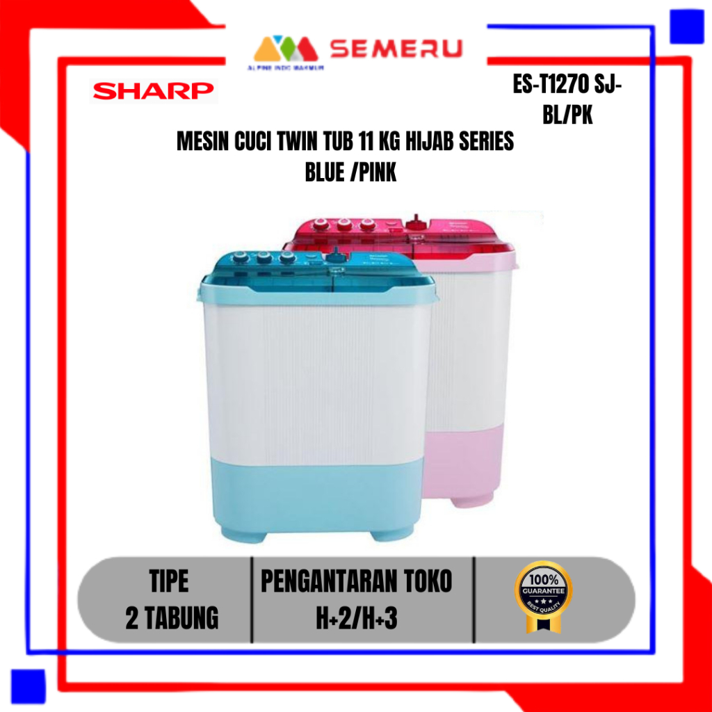 SHARP MESIN CUCI TWIN TUB 11 KG HIJAB SERIES / BLUE / PINK  ES-T1270 SJ KHUSUS MAKASSAR FREE PENGANT