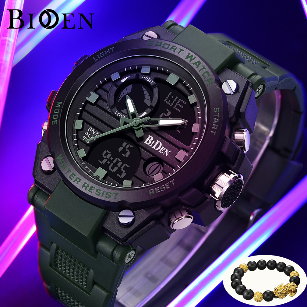 BIDEN Jam Tangan Pria Olahraga Militer Anti Air Luminous Analog&Digital Tali Silikon Multifungsi Jam Tangan Cowok Original-1