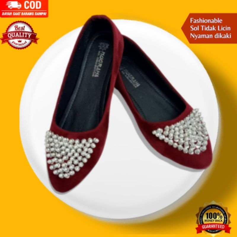 Sepatu Wanita Flat Shoes Kerja Kuliah Santai Casual Bahan Beludru Sol Karet Hiasan Manik Manik Murah