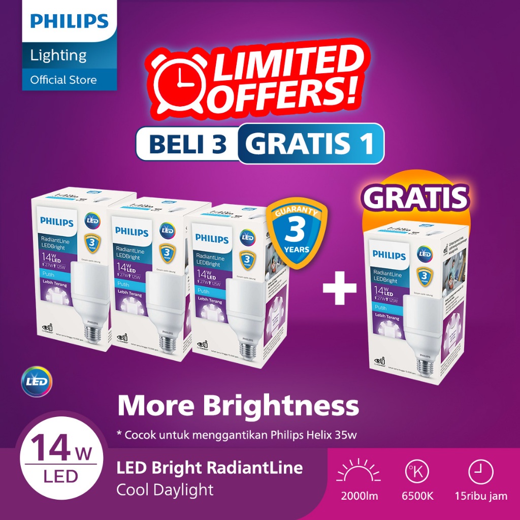 [PROMO] Philips Paket Beli 3 Gratis 1 Lampu Radiantline LED Bright 14W 6500K Putih