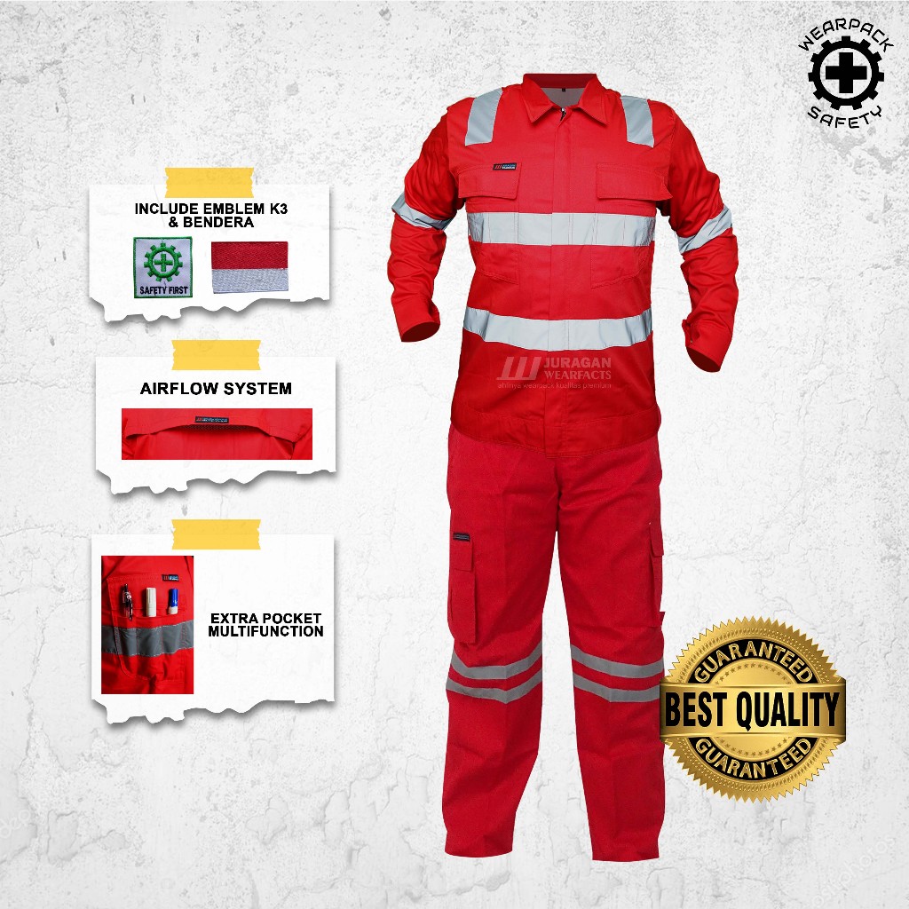 Baju Kerja Safety Setelan/Wearpack Proyek Set Warna Merah