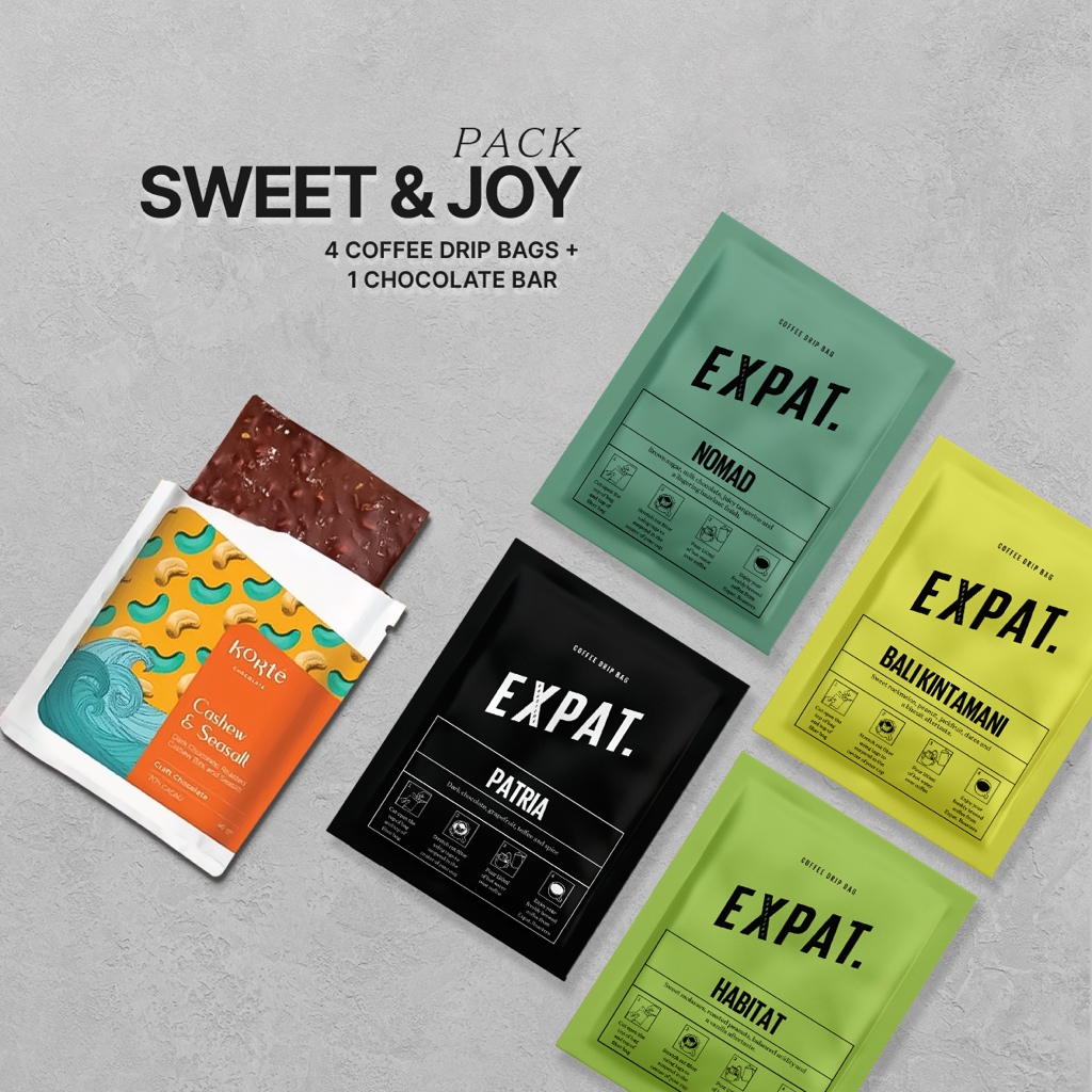 

Expat Roasters Sweet and Joy Pack Coffee Drip Bags Single Use Filter x Korte Chocolate Bar