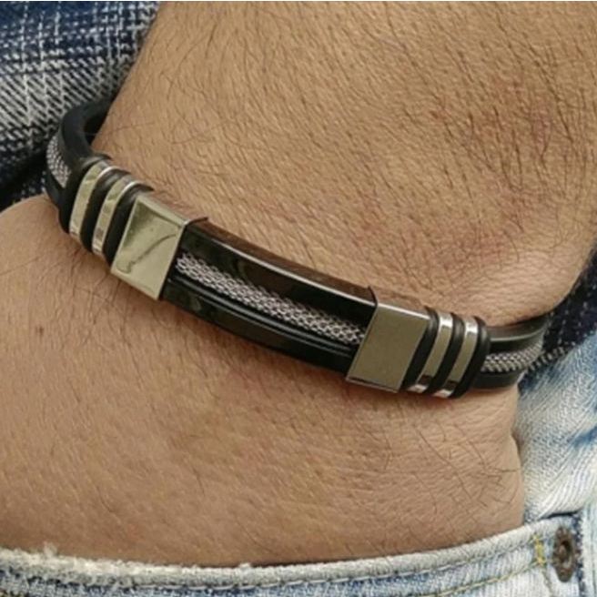 Gelang Stainless Variasi Garis Silver Stainless Steel - Bracelet List Silver Black Gold Adjustable R