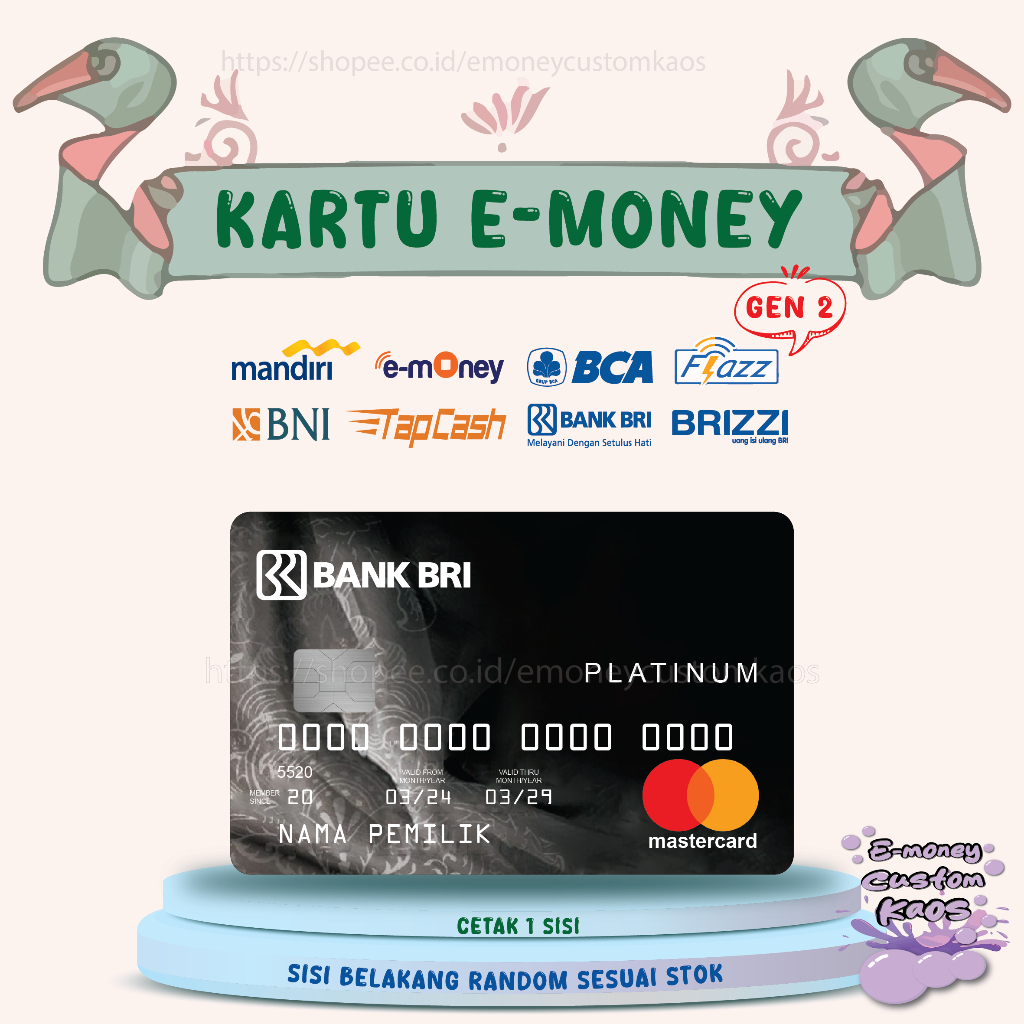 KARTU EMONEY DEBIT KREDIT CARD PLATINUM BATIK MANDIRI FLAZZ BCA BNI TAPCASH BRIZZI BRI - 1 SISI