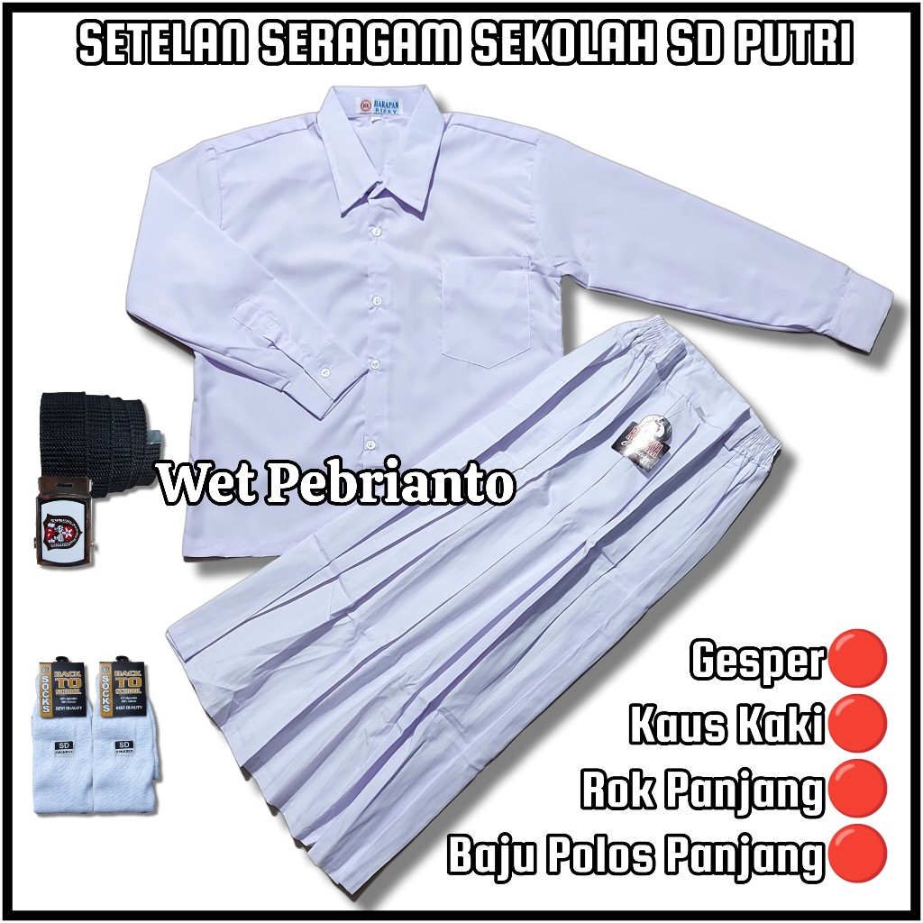 Setelan Seragam Sekolah Perempuan MI Putih-Putih Baju Putih Polos Panjang Rok Putih Panjang