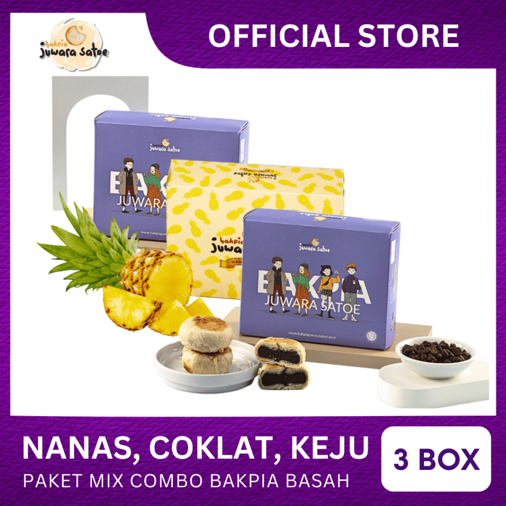 

[ 3 BOX ] PAKET MIX COMBO BAKPIA BASAH (NANAS, COKLAT, KEJU) - BAKPIA JUWARA SATOE