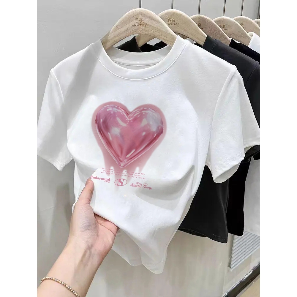 yiyoyi Kaos Wanita Lengan Pendek Kekinian Korean Style Pink Crystal Heart | Baju Kaos Crop Top Wanit