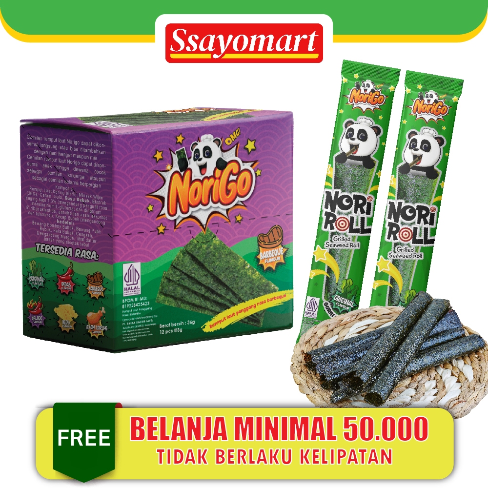 

Norigo BBQ (1 BOX ISI 12 PCS) / Nori Sachet Seaweed Snack 3g Rumput Laut Halal Rasa BBQ