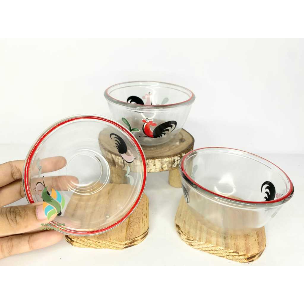Souvenir Mangkok Kaca BIB3.75B Ayam Jago Betina Mangkuk Sambel Kaca Bening Motif Ayam Jago