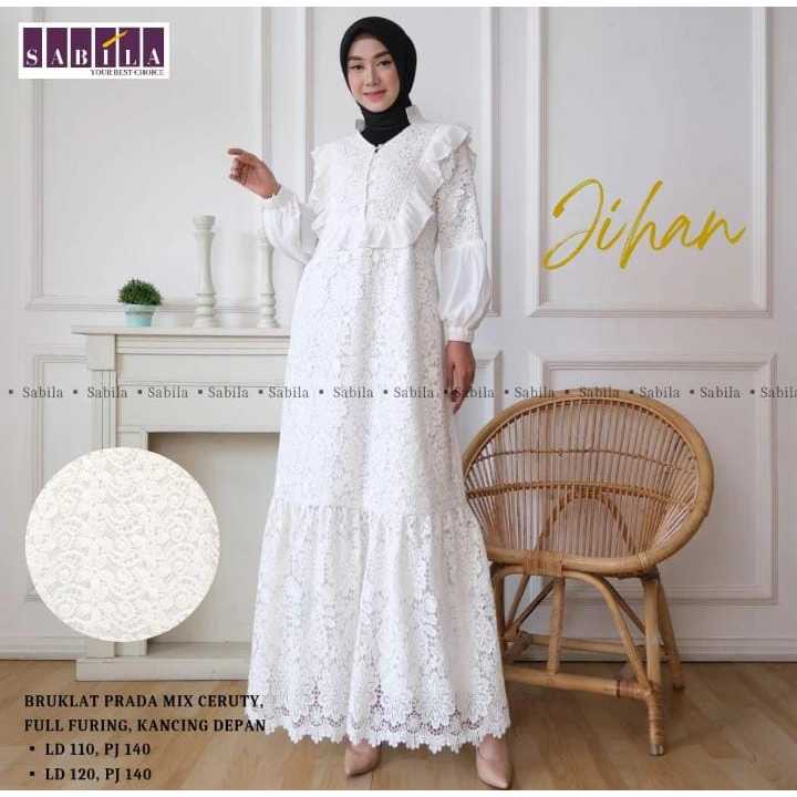 Sabila Gamis Putih White Polos Aplikasi Bordir Renda Jihan Kancing Depan Dress Maxy Premium Pakaian 