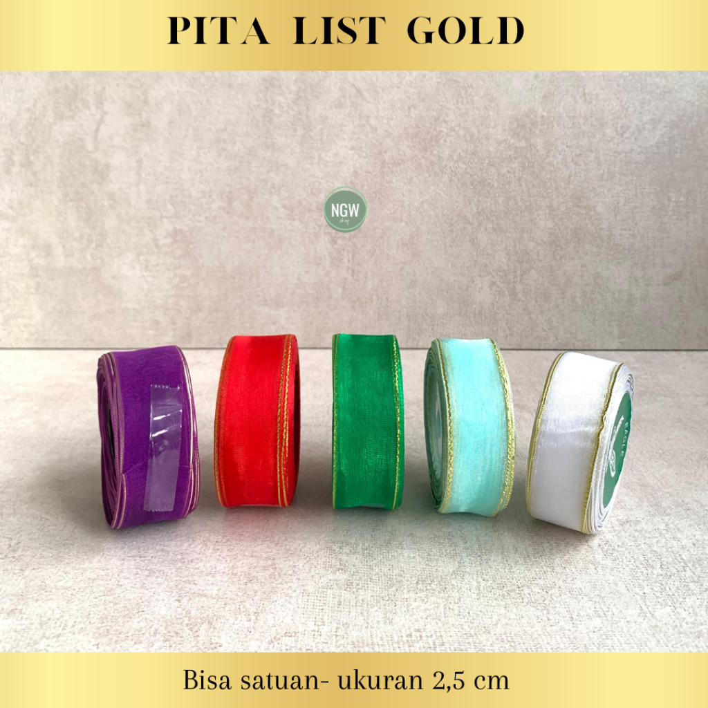 

PITA LIST GOLD ANEKA WARNA UKURAN 2,5 CM panjang 20 yard ecer satuan