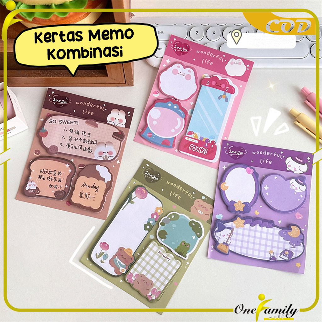 

ONE-A89 Sticky Note 3 IN 1 Motif Kartun Bear Cat Kertas Memo Kombinasi Pola Hewan Lucu / Tempelan Kertas Catatan Pembatas Buku 60 Lembar Memopad