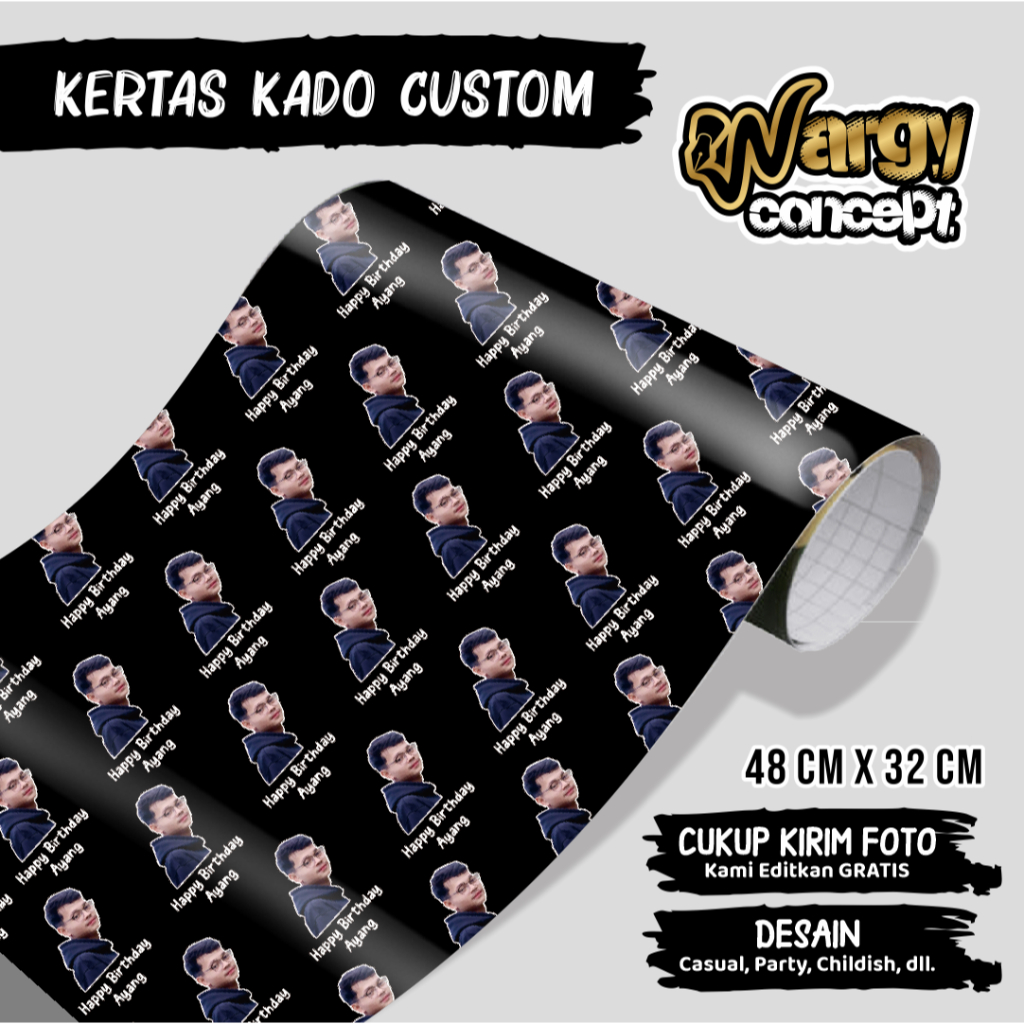 

Kertas kado, bungkus kado custom wajah, free desain ukuran a3+