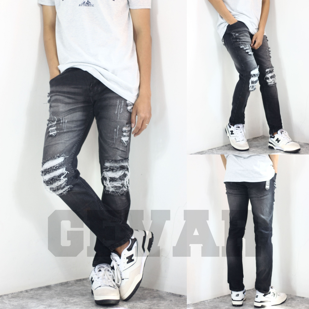 [deby_kr] celana jeans sobek lutut pria / jeans pria sobek / jeans pria slim fit abu abu / jeans pan