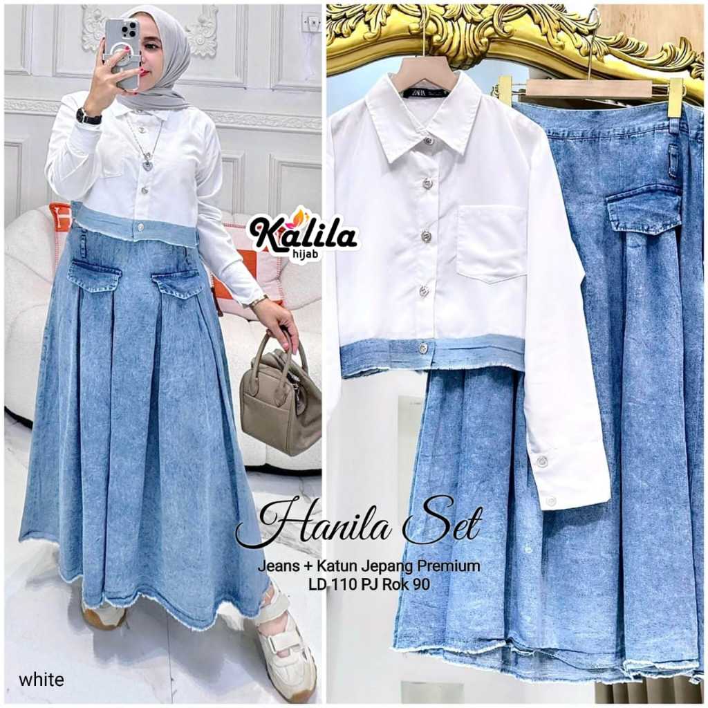 Hanila Set Setelan Baju dan Rok Wanita Katun Jepang Premium Rok Jeans Wash Fit to XL