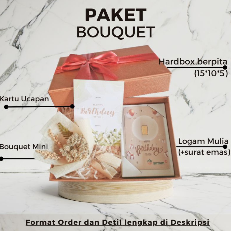 KODE X19K Paket Hampers 1 gr 25gr emas LM Antam  MINI BOUQUET Bunga Kering SUDAH termasuk Kartu Ucap