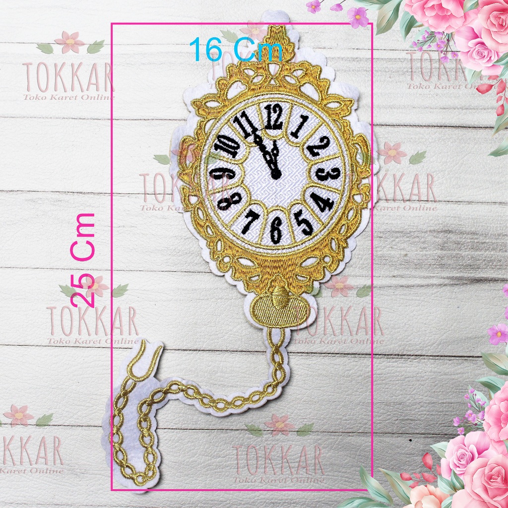 (Per Pcs) AP644 Aplikasi Bordir Tempel Cantik Motif Jam Benang Gold Dasar Putih