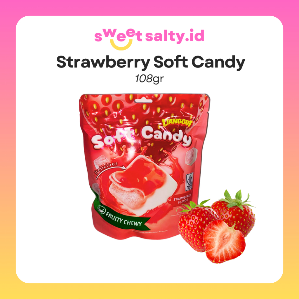 

HALAL LIANGGUI Permen Strawberry Juicy Soft Candy 108gr|Stroberi Marshmallow Mangga Jeruk|Fudge Fruit|Permen Buah|Halal