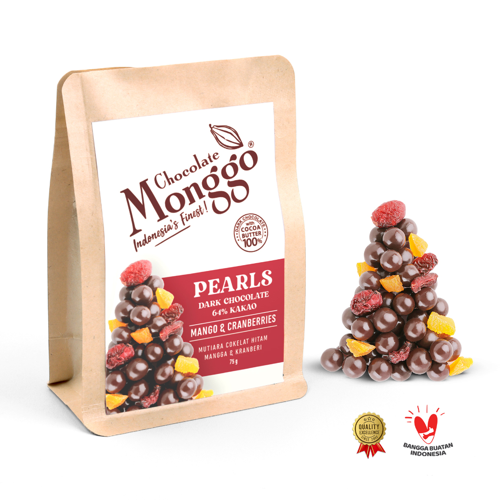 

Chocolate Monggo | Pearls 64% Mango & Cranberries 75g | Snack Coklat