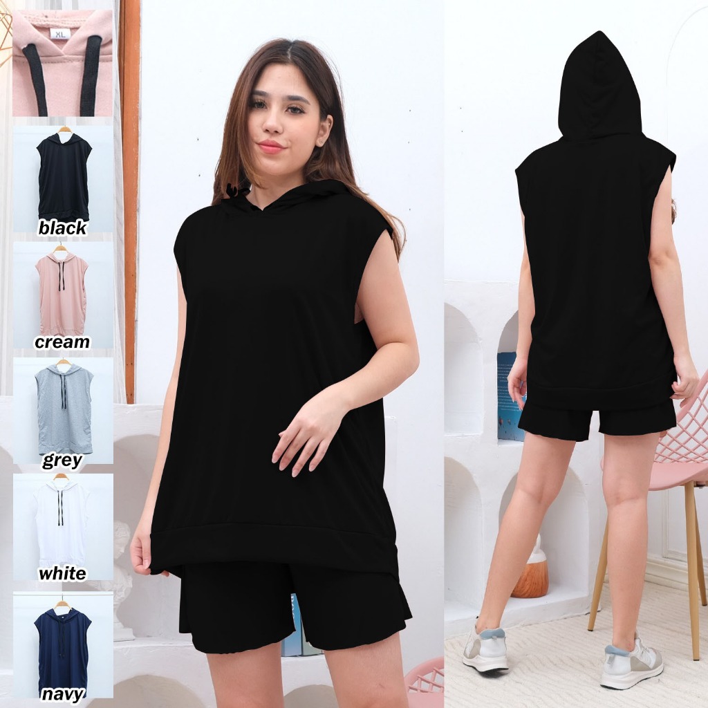 BAJU HOODIE ATASAN WANITA TANPA LENGAN DISTRO TOPI DAN KANTONG DEPAN DIBAWA PAKAI BAN  POLOS