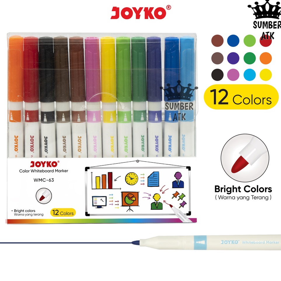 

Spidol Warna Papan Tulis Color Whiteboard Marker Joyko WMC63 12 Warna KODE P8O5