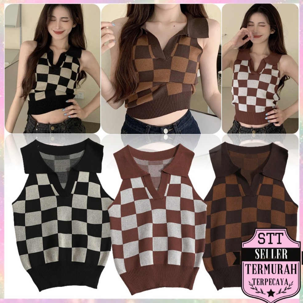 Modern STT Baju Crop Wanita Korean Diamond Kode 6859 Plaid Knit Vest Crop Top Rompi Rajut Korea V Ne