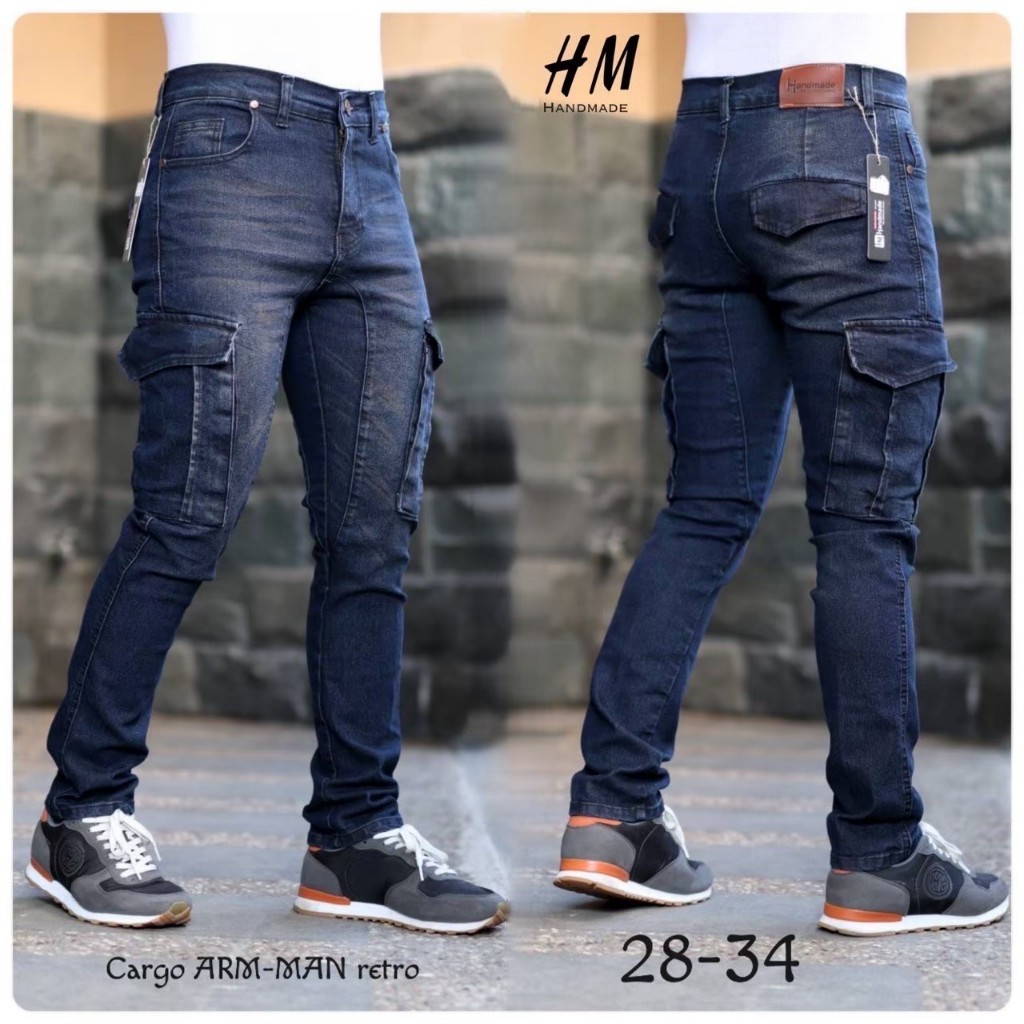 Celana Panjang Jeans Cargo Pria Arman Slimfit Handmade Original