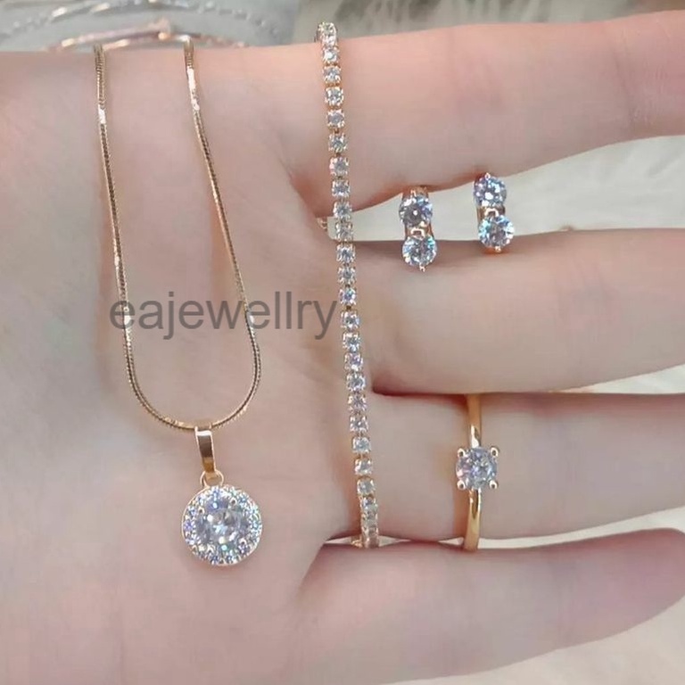 ART R9S Satu Set Perhiasan Titanium MEWAH  ELEGAN Kalung Anting Cincin Gelang Wanita Anti Karat Anti