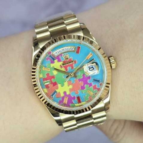 Jam Tangan Wanita Rolex Puzzle Day Date Automatic 36mm Body Swiss Gold Dial Fullset