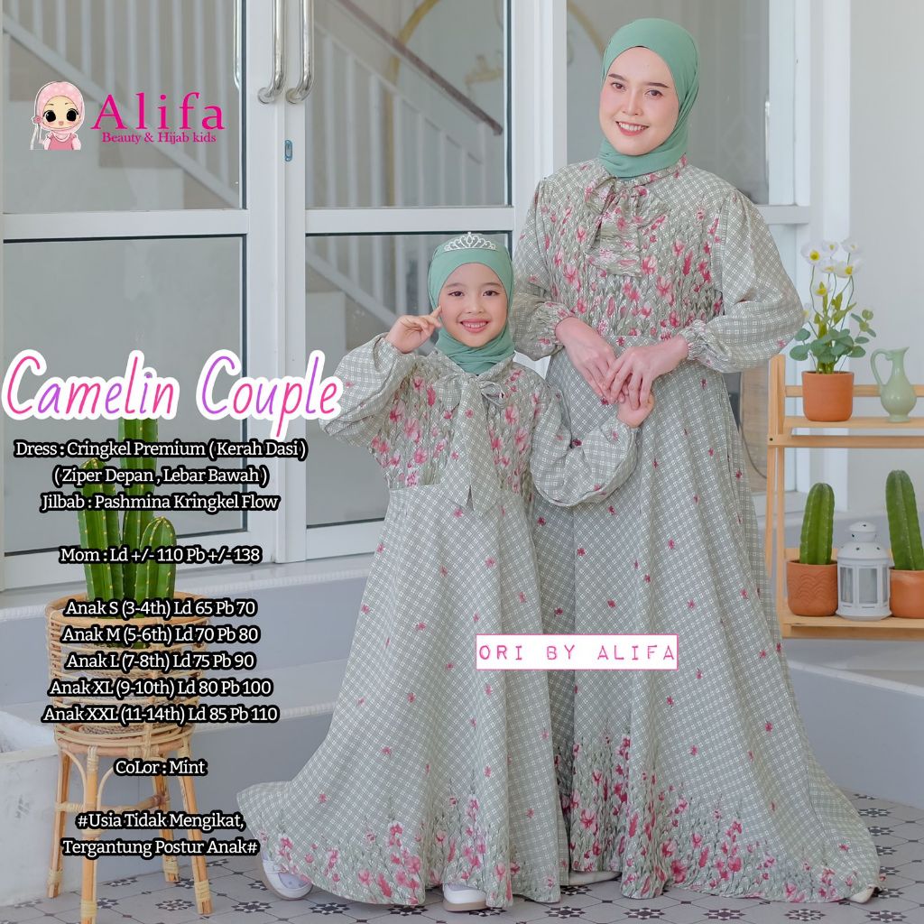 ( NEW ) GAMIS COUPLE IBU DAN  ANAK PEREMPUAN CRINGKLE TERBARU CAMELIN SET HIJAB DRESS BY ALIFA