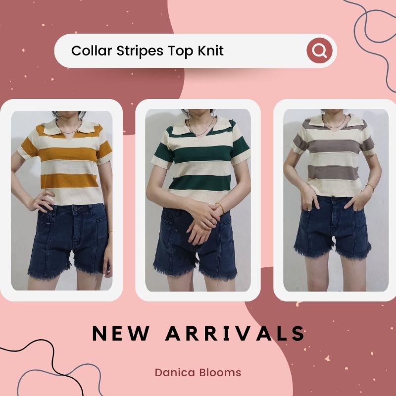 Danica AY004 Baju Collar Striped Crop Top Knit Wanita (3 Warna)