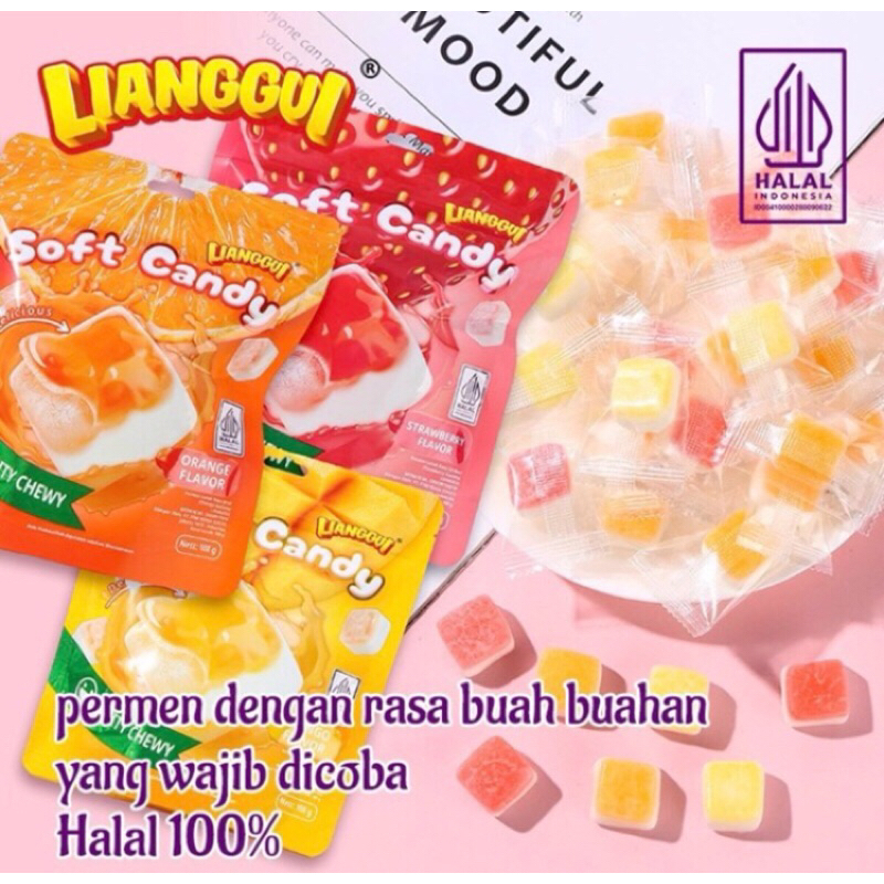 

Lianggui Soft candy 108gr Lianggui fruitn aneka rasa / Mango flavour / Orange / Strawberry