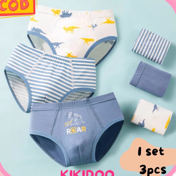 C6369 Kikidoo 3 PCS Celana dalam brief anak katun sempak pria COLL DINO BAL49
