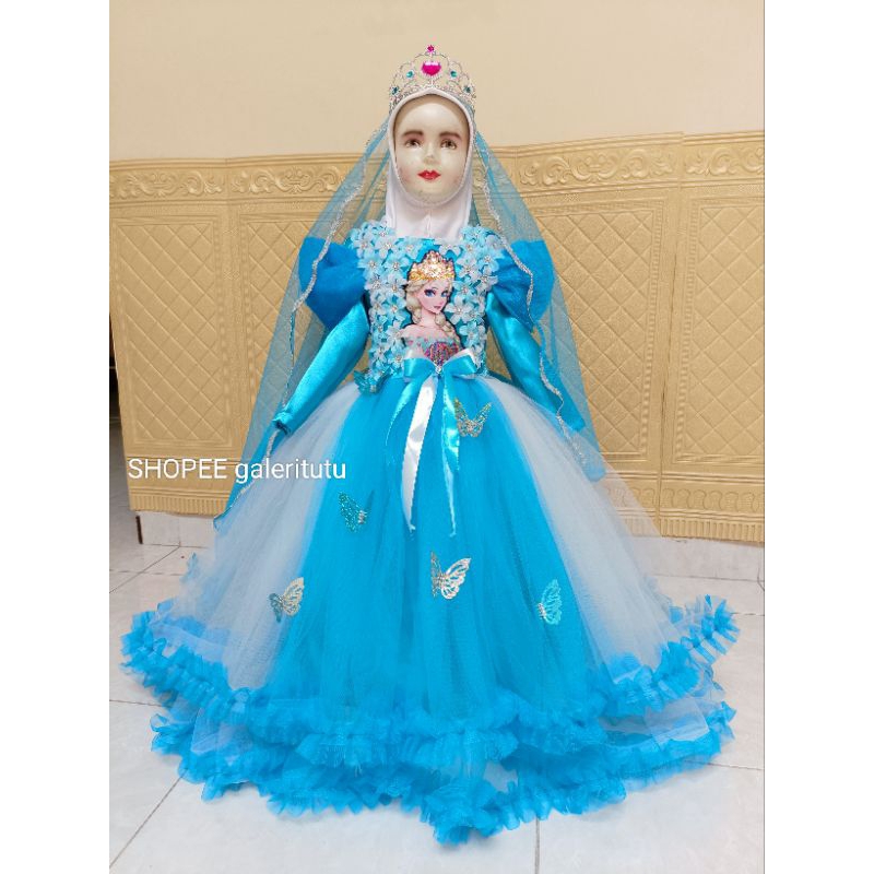 Gamis pesta anak tema frozen untuk baju fashion show,baju ulang tahun free mahkota NON TUDUNG DAN JI