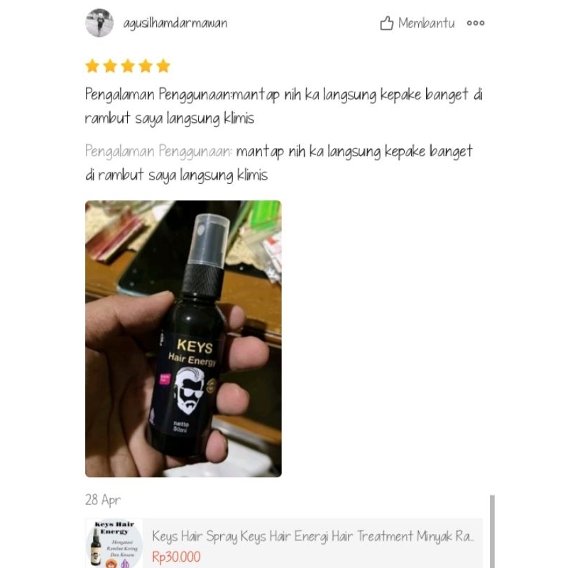 Minyak Rambut Pria Spray Keys Hair Energy 50ml Wangi Sepanjang Hari
