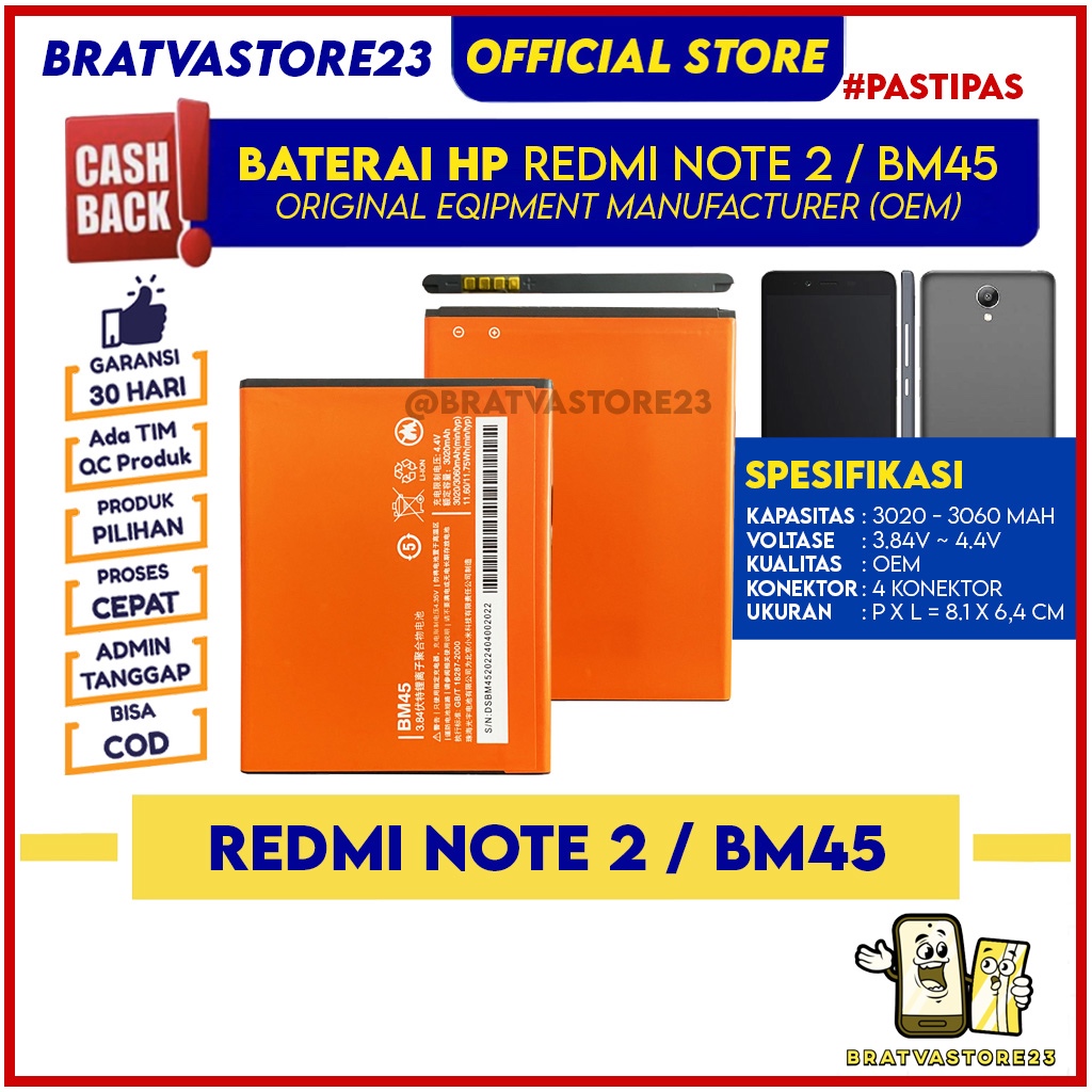 Baterai Redmi Note 2 BM45 Original OEM Batre Batrai Battery Hp Handphone Ori