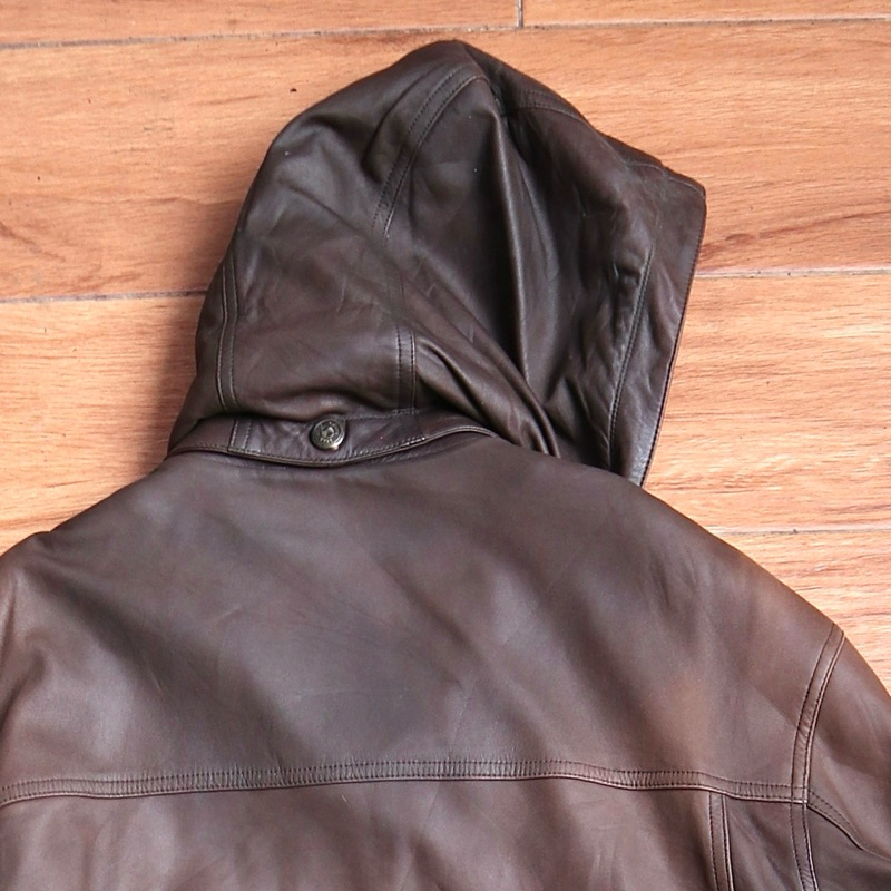 Jaket kulit asli hoodie topi  XL Jumbo hudi vintage slim leather jacket Pl bekas preloved second