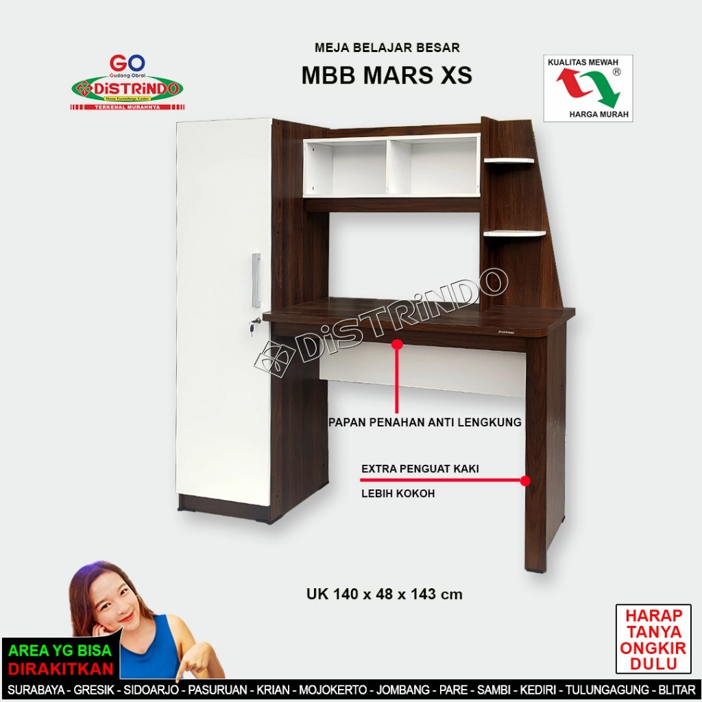 DISTRINDO Meja Belajar / Meja Kerja dengan Lemari Rak Buku Besar