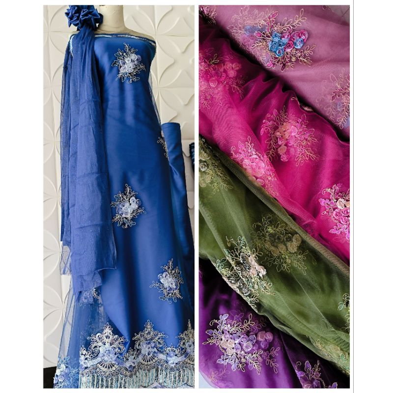 Kain Brokat Tile Payet Metalic Bunga 3d Gradasi Semi Perancis with cord